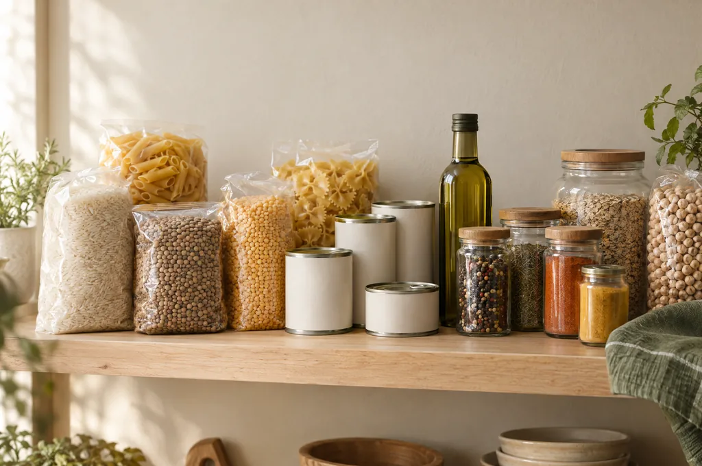 Abarrotes secos, latas y envases ordenados en una estantería de cocina con luz cálida